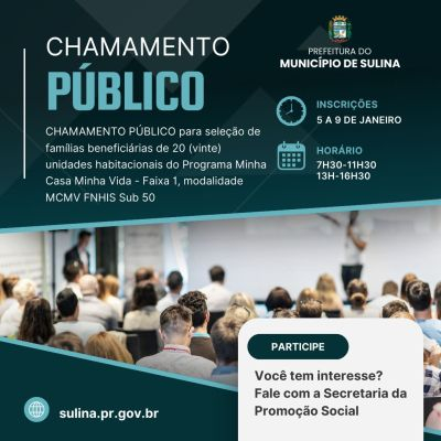 CHAMAMENTO PÚBLICO para seleção de famílias beneficiárias de 20 unidades habitacionais do Programa Minha Casa Minha Vida ? Faixa 1