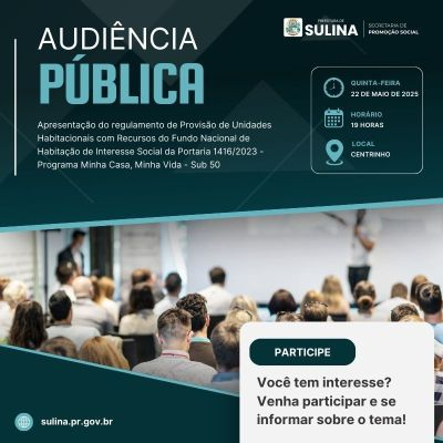 Audiência Pública sobre  Casas Populares acontece nesta quinta-feira (22/05) no Centrinho, às 19h