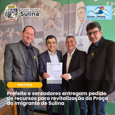 Prefeito e vereadores entregam pedido de recursos para revitalização da Praça do Imigrante de Sulina